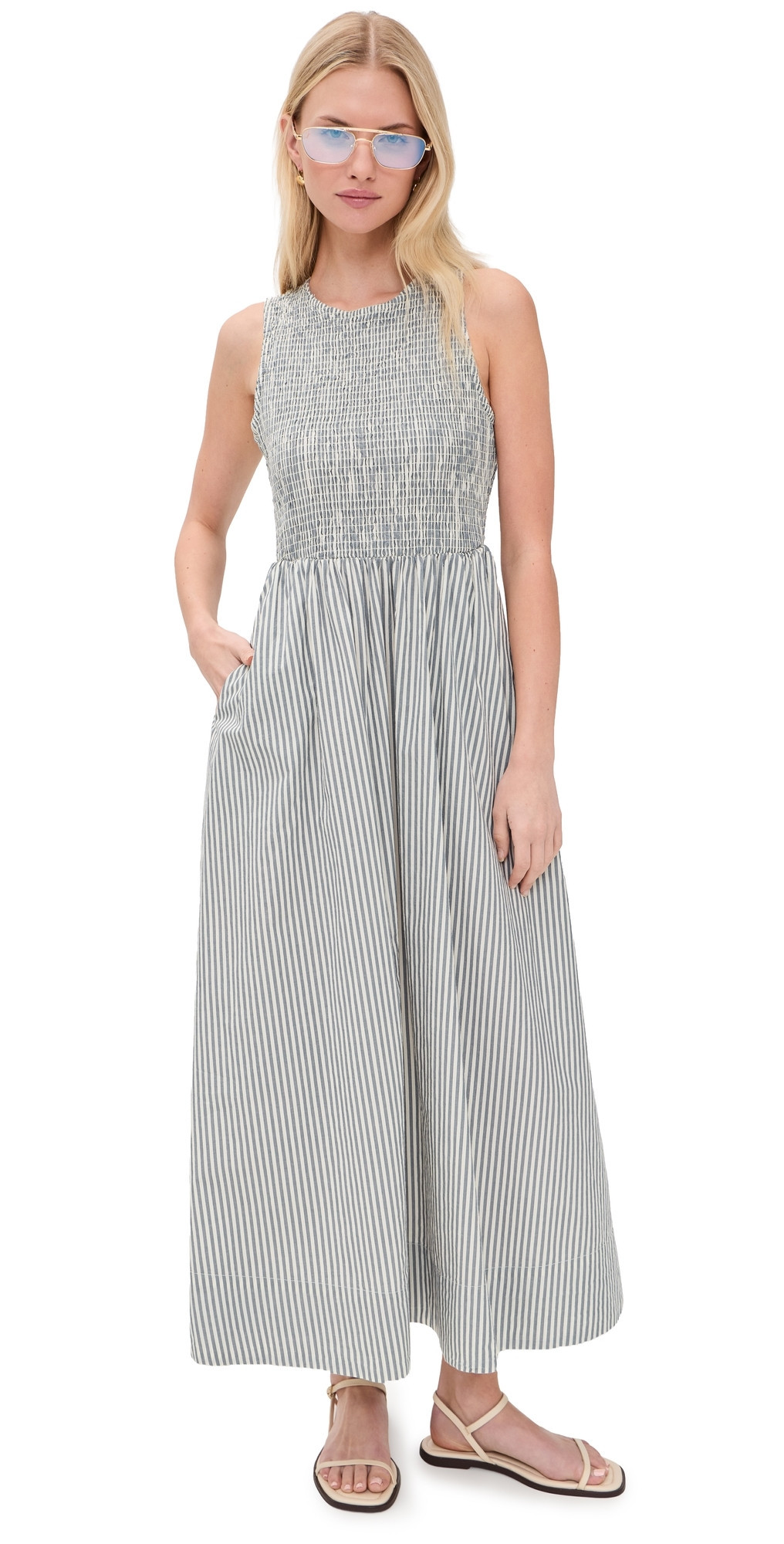 Marine Layer Darcy Smocked Poplin Dress Navy Stripe M | Shopbop