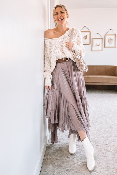 My favorite knit sweater because it goes with everything and the texture is beautiful! I sized up to a medium for a more oversized fit! And this flowy free people skirt comes in tons of colors, it’s a top favorite seller for sure and it’s just so beautiful and more perfect in person!

#LTKshoecrush #LTKstyletip #LTKfindsunder100