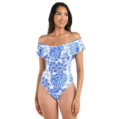 La Blanca Women's One Piece Swimsuit Off Shoulder Ruffle Bathing Suit, Blue//Beyond the Pacific, 6 | Target