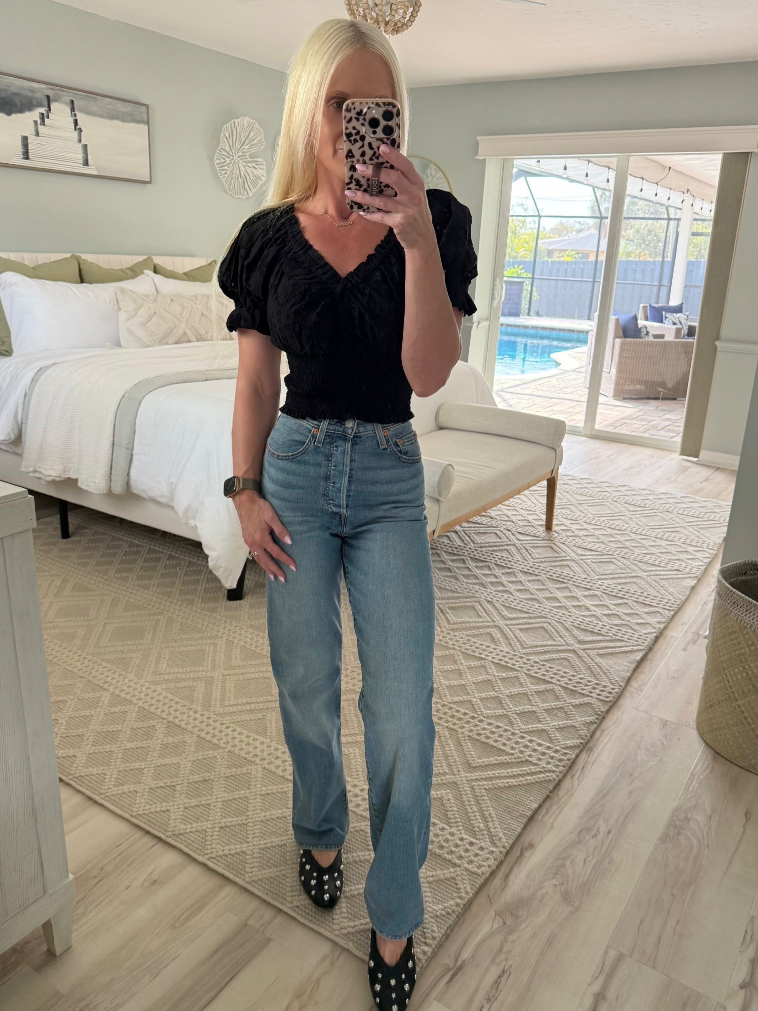 Wearing everyone’s favorite Levi’s Ribcage Full Length in color dance around. Size 24x32. I did have these hemmed (I’m 5’4”) so I could wear with flats - which, are on clearance and stupid comfortable. 

#LTKootd #LTKOver40