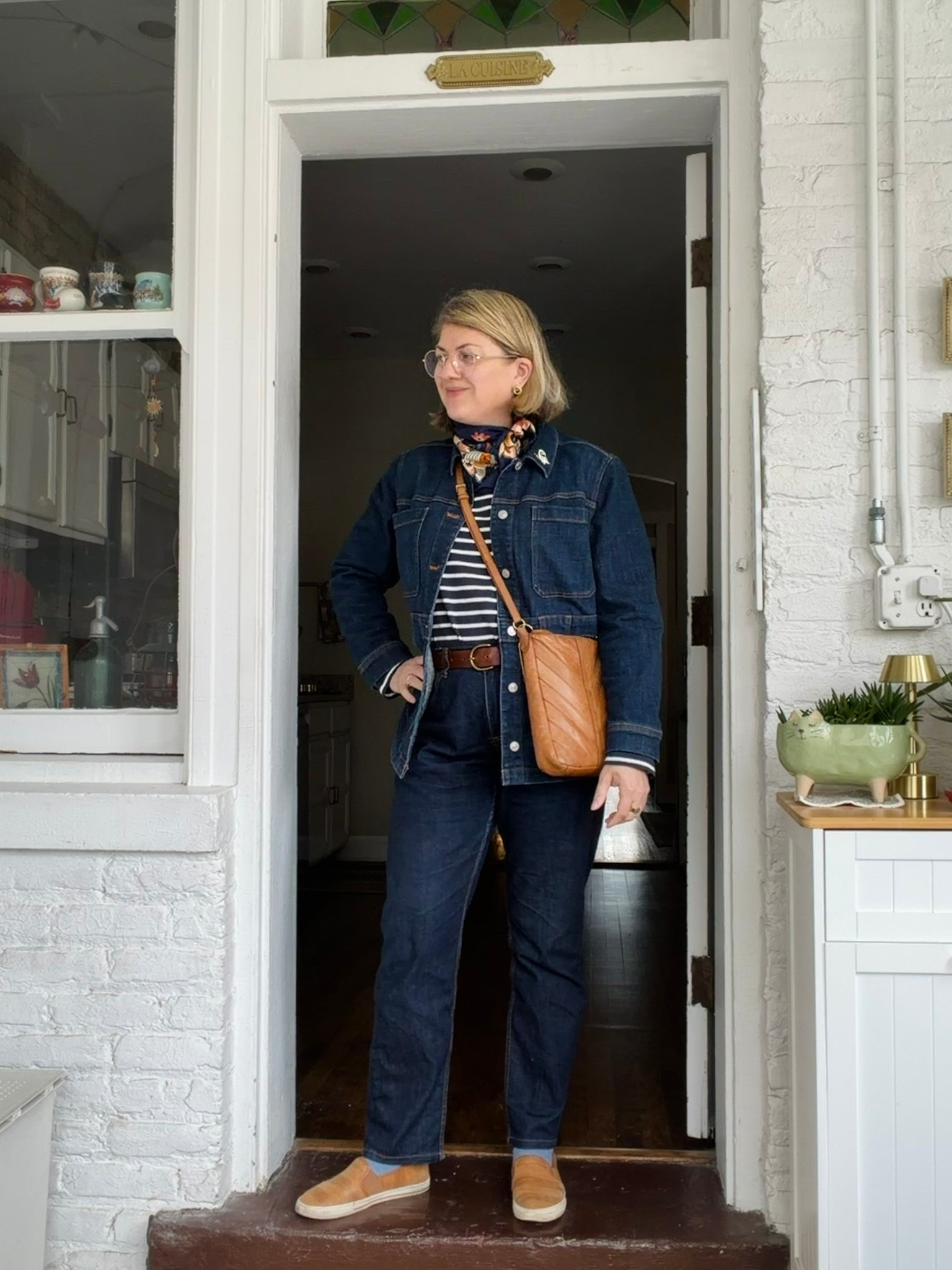 All you need is a light jacket. 🤍 Unlinkables: Shirt is Uniqlo. Jeans are Dearborn Denim. Crossbody is Margot. Scarf is vintage Liberty London. 

#LTKootd #LTKMidsize #LTKOver40