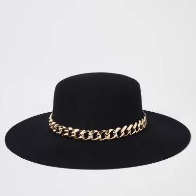 Black gold chain trim fedora hat | River Island (US)