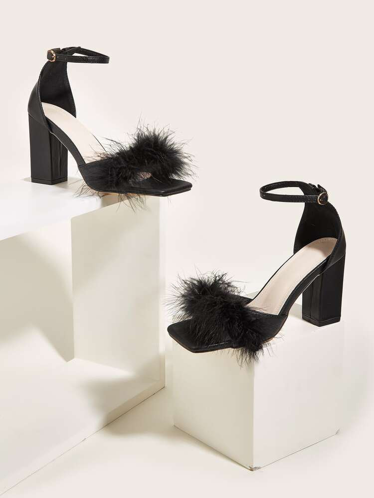 Chicken Feather Chunky Heeled Ankle Strap Sandals | SHEIN