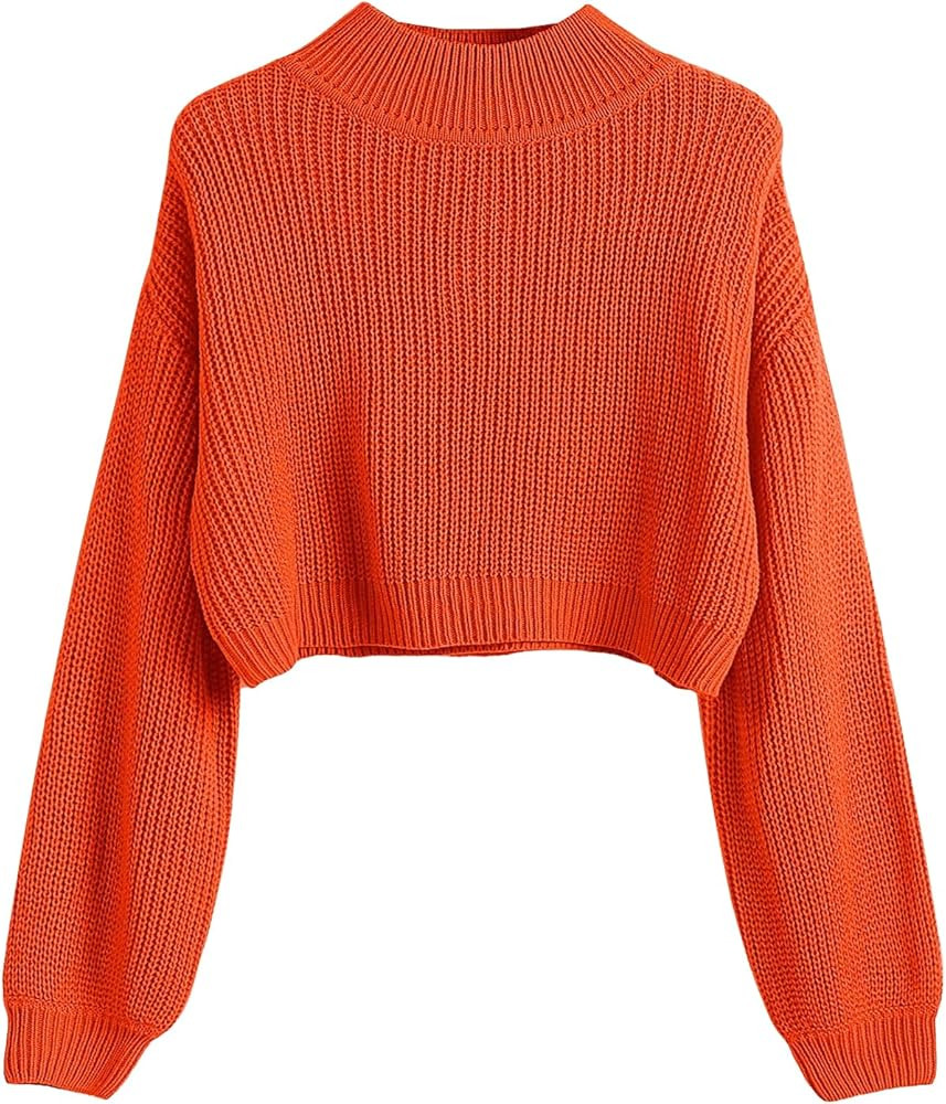 SweatyRocks Women's Long Sleeve Mock Neck Cropped Sweater Drop Shoulder Pullover Sweater Lantern ... | Amazon (US)