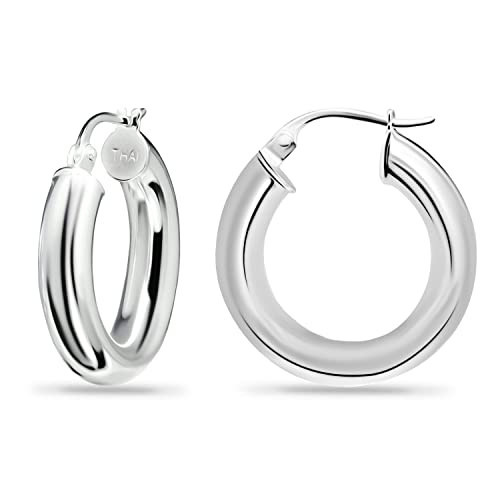 Chuncy Silver Hoops Sterling Silver Polished Shiny Round-Tube Click-Top 4x15mm Thick Chunky Silver Hoop Earrings for Women | Amazon (US)