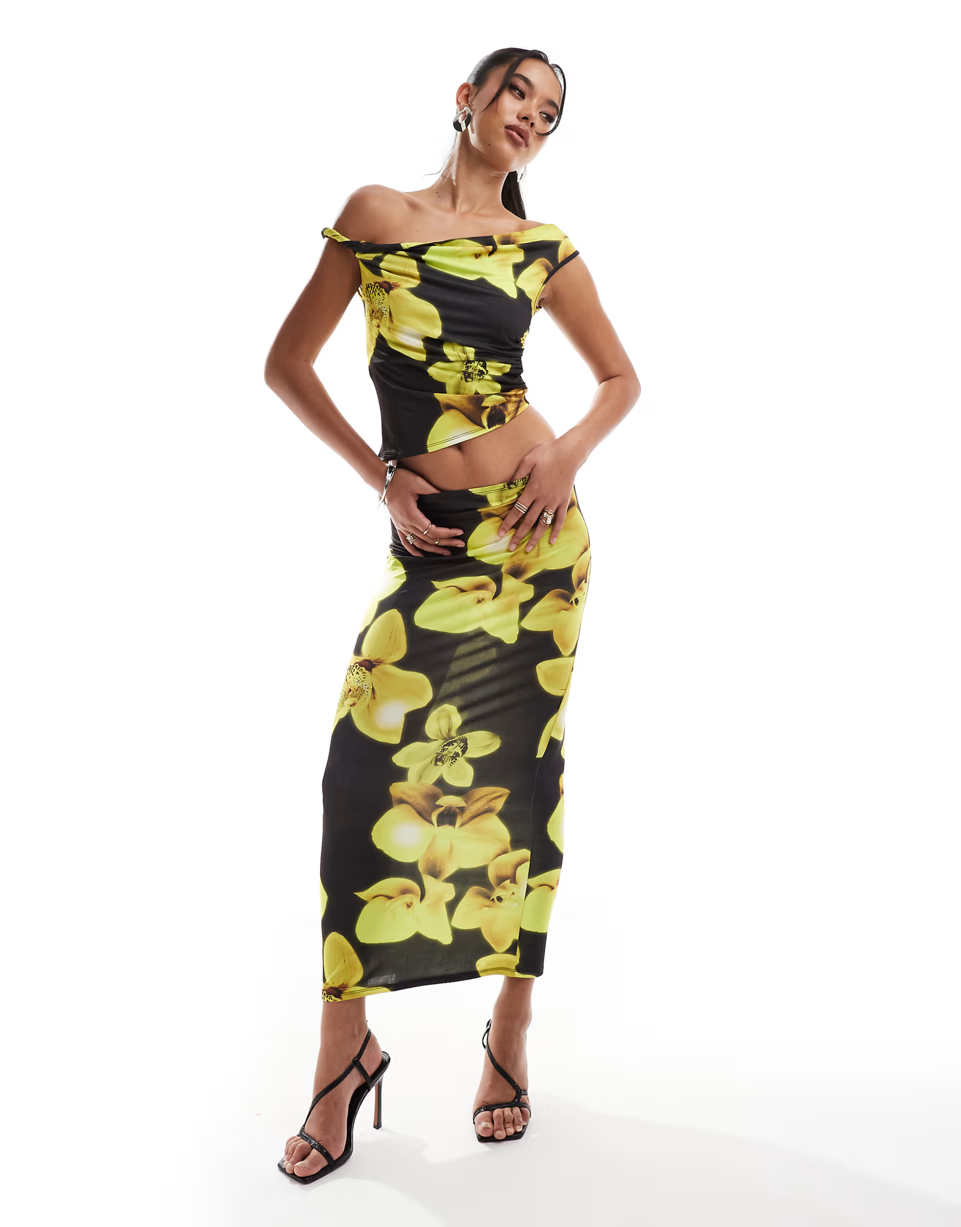 ASOS DESIGN co-ord slinky maxi skirt in yellow floral print | ASOS (Global)