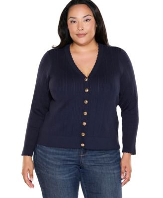 Belldini Plus Size Scalloped-Edge V-Neck Button-Front Cardigan - Navy/Gold | Macy's