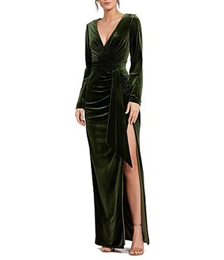 Mac Duggal Velvet Deep V-Neck Long Sleeve Draped Sheath Dress - 6 | Dillard's