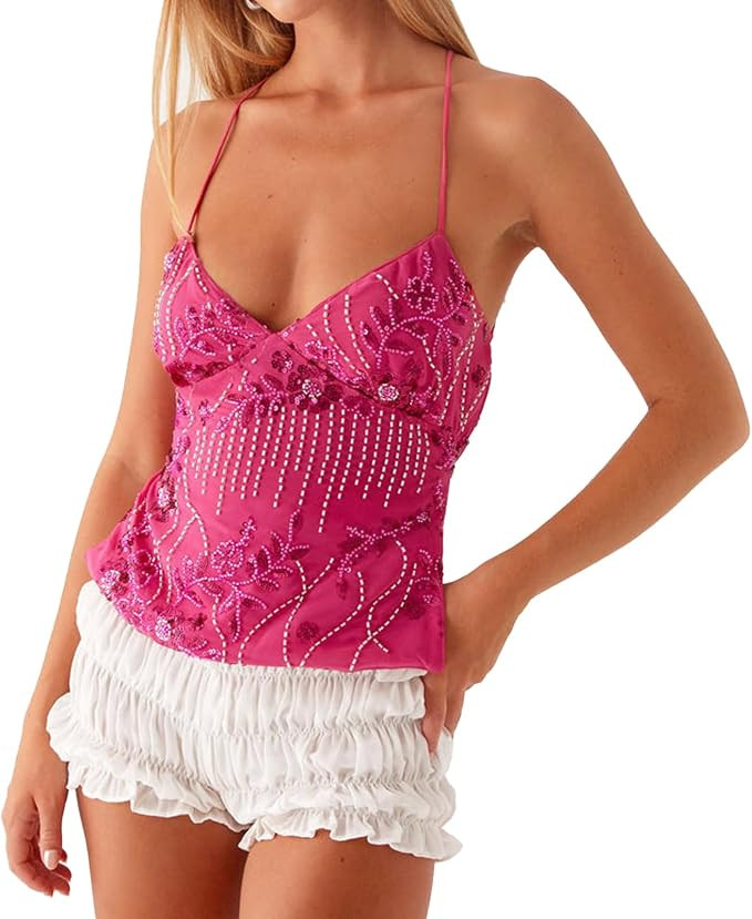 ABYOVRT Women Sequin Beaded Cami Top V Neck Backless Criss Cross Straps Crop Tops Summer Going Ou... | Amazon (US)