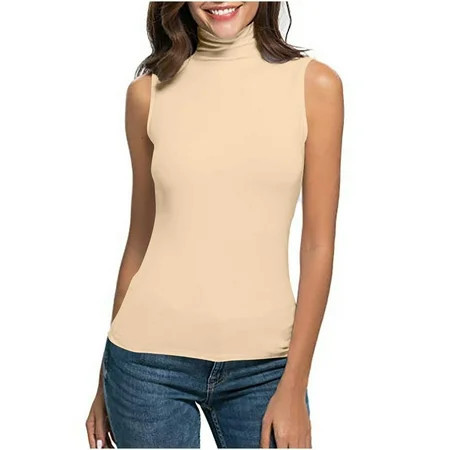 WonderWiz Women's Sleeveless Turtleneck T-Shirt Basic Stretch Layer Comfy High Neck Tank Top Khaki L | Walmart (US)