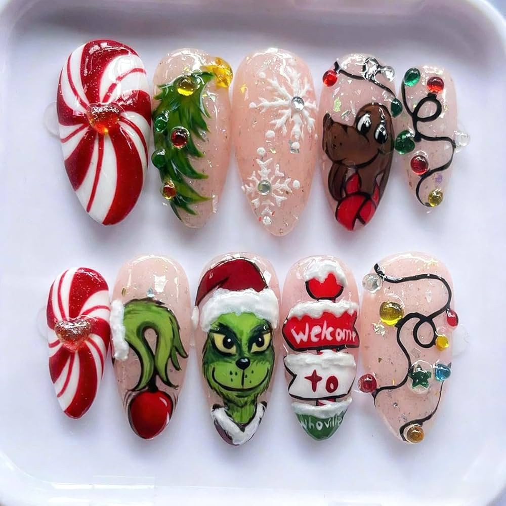 30Pcs Christmas Press on Nails Medium Almond Fake Nails 3D Rhinestones Xmas Tree Lamp Strip Desig... | Amazon (US)