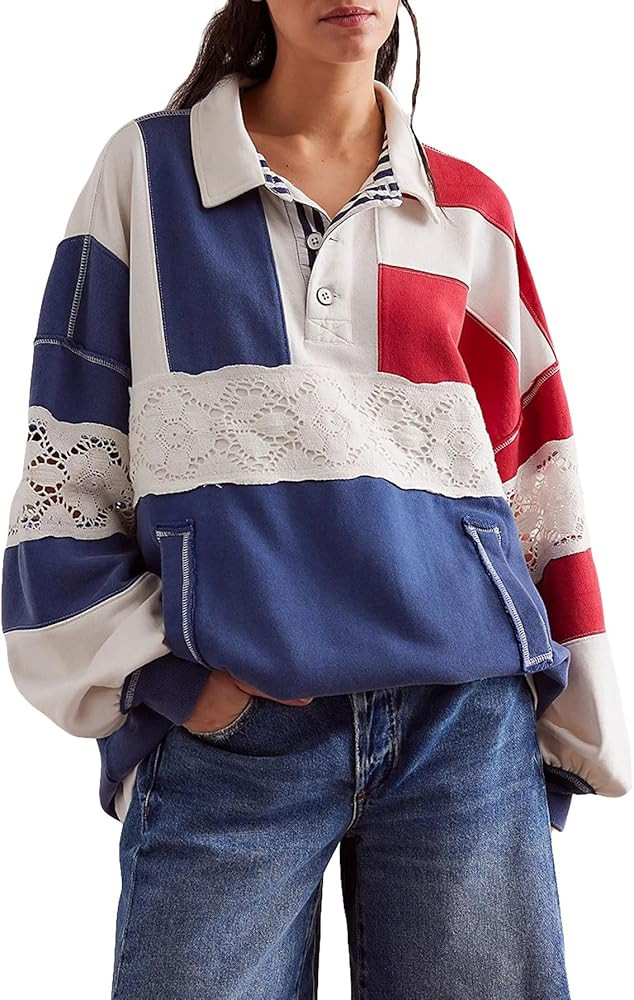 D-Sun Women Oversized Sweatshirt Color Block Long Sleeve Polo Shirt Casual V-Neck Stripe Patchwor... | Amazon (US)