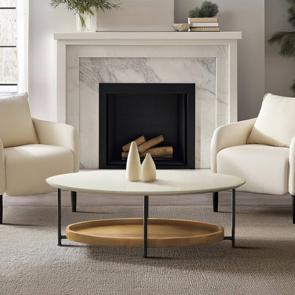 Beaumont Oval Coffee Table with Lower Tray Shelf, White & Natural Wood Finish, Metal Frame | Wayfair North America
