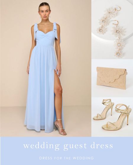 How sweet is this soft light blue maxi dress with ties at the shoulder? 🩵Perfect for all your summer weddings, outdoor weddings, summer black tie, formal weddings, plus preppy style with scalloped clutch, floral earrings, and elegant gold high heel sandals. Perfect look for blue bridesmaid dresses too! 💍 we linked some more bridesmaid shoe and blue dress options too! Are you engaged, planning a wedding or attending several weddings? Dress for the Wedding is a curated wedding shopping site. Follow us on the LIKEtoKNOW.it shopping app to get the product details for this look plus sale alerts on wedding attire, cute dresses under $100, ideas for wedding guest outfits, plus wedding decor and gift ideas! 

#LTKfindsunder100 #LTKmidsize #LTKwedding
