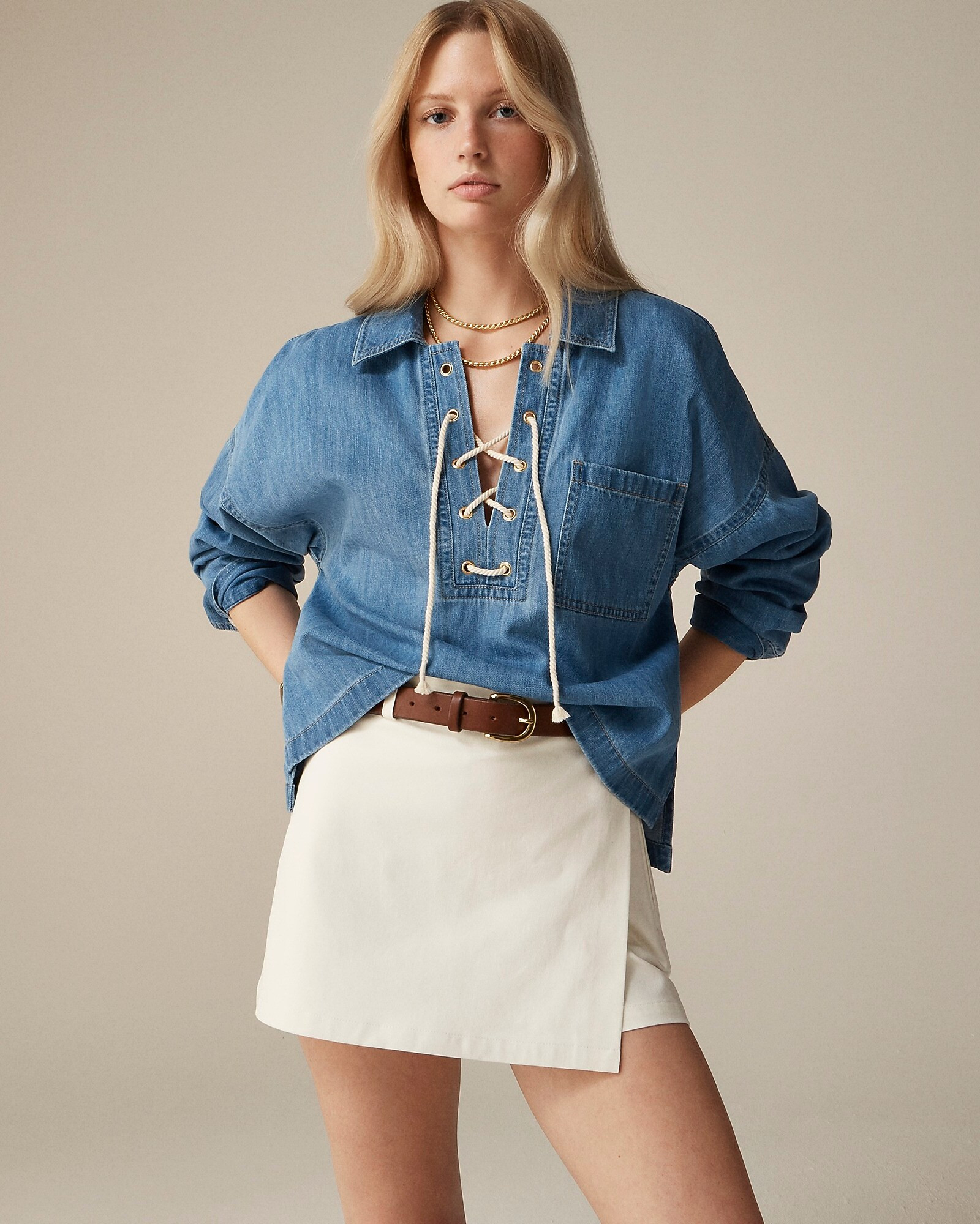 Lace-up pullover shirt in denim | J. Crew US
