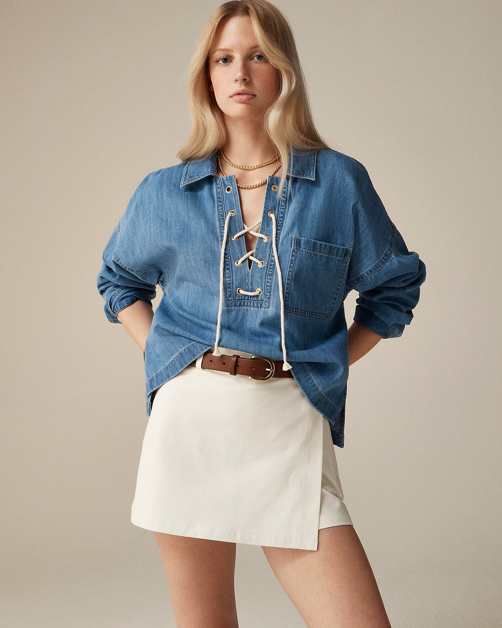 Lace-up pullover shirt in denim | J. Crew US