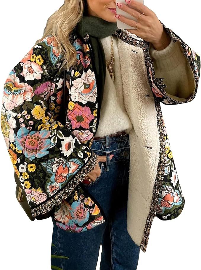 Women’s Cropped Floral Quilted Jacket Cardigan Lightweight Boho Print Patchwork Padded Puffer C... | Amazon (UK)