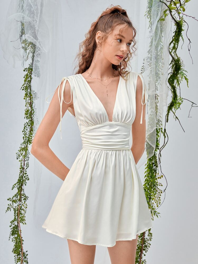 SHEIN MOD Solid Deep V Neck Knotted Shoulder Ruched Satin Dress | SHEIN