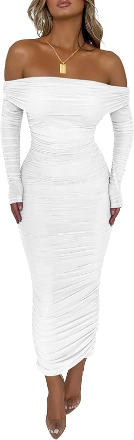 PRETTYGARDEN Women's Fall Off Shoulder Maxi Bodycon Dress Long Sleeve Ruched Sexy Club Dresses wi... | Amazon (CA)