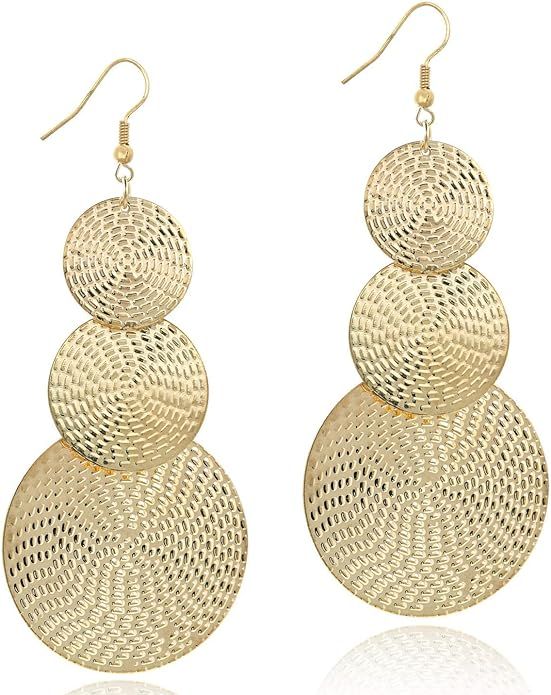 KaFu Lightweight Bohemia Geometric 14K Gold Round Disc Triple Long Earrings Dangle Drop Filigree ... | Amazon (US)