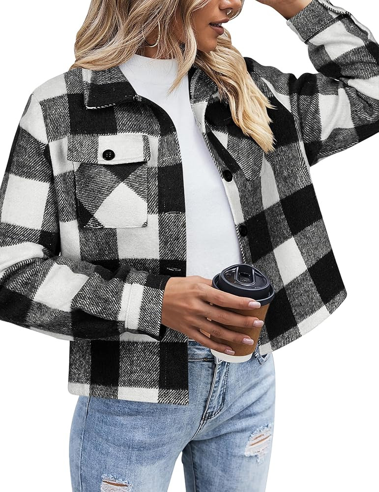 Zeagoo Flannels for Women Cropped Shacket Jacket Fashion Plaid Button Down Shirt 2024 Fall Coat T... | Amazon (US)