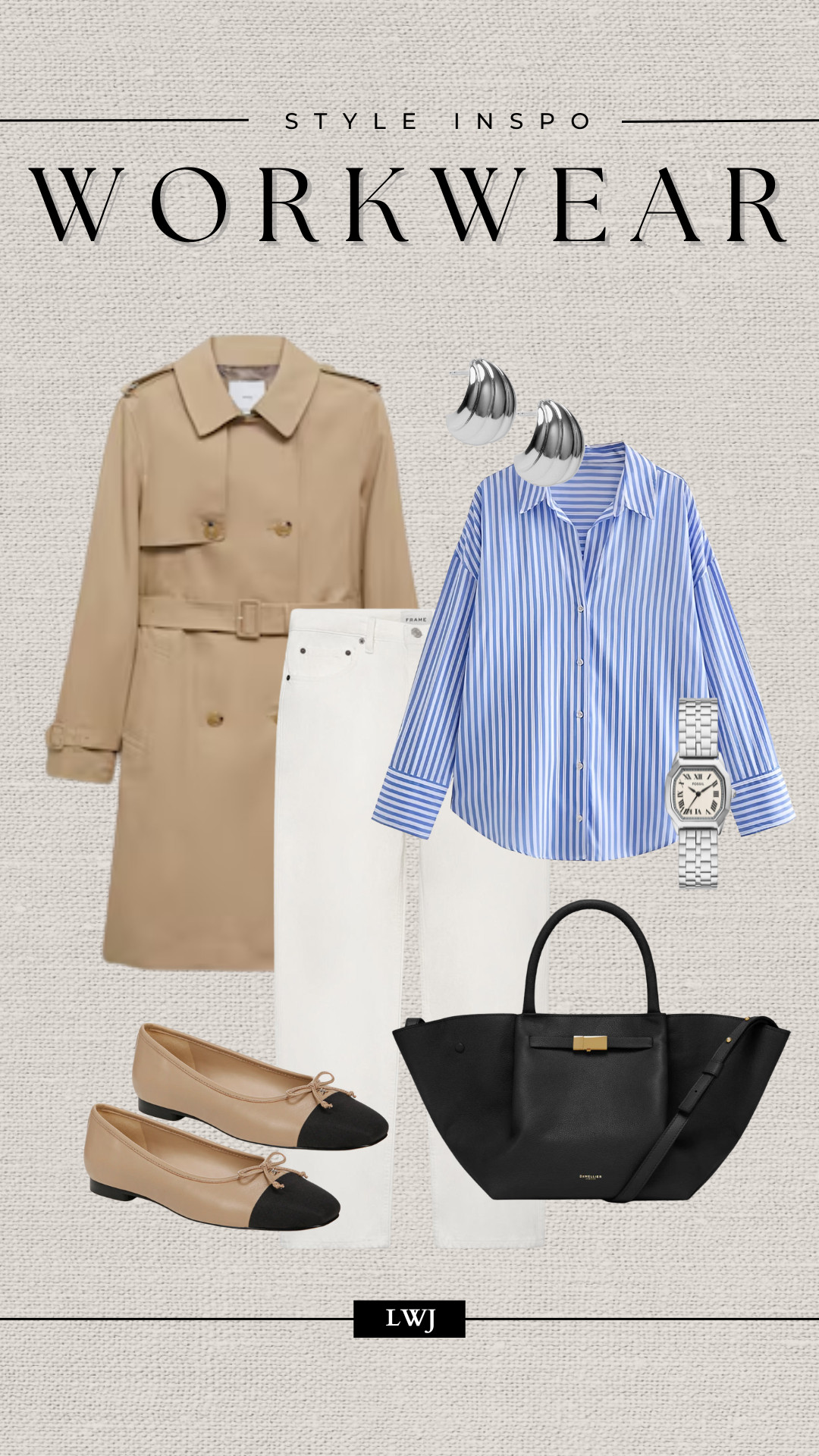 style inspo: workwear 

trench coat, striped button down, white ankle cropped jeans, cap toe flats, black leather tote bag, silver earrings, silver watch, smart casual, spring style  

 

#LTKSeasonal #LTKStyleTip #LTKWorkwear
