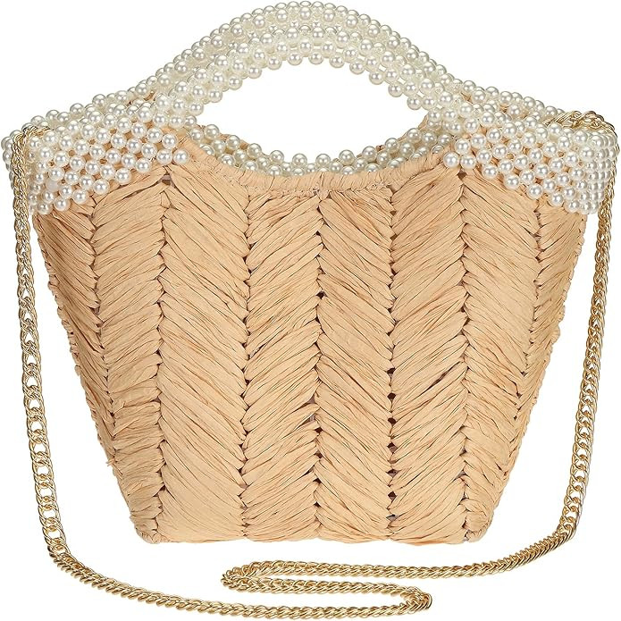 FUSMIC Women's Handbag Artificial Pearl Handle Chain Strap Straw Rattan Purse Shoulder Bag | Amazon (US)