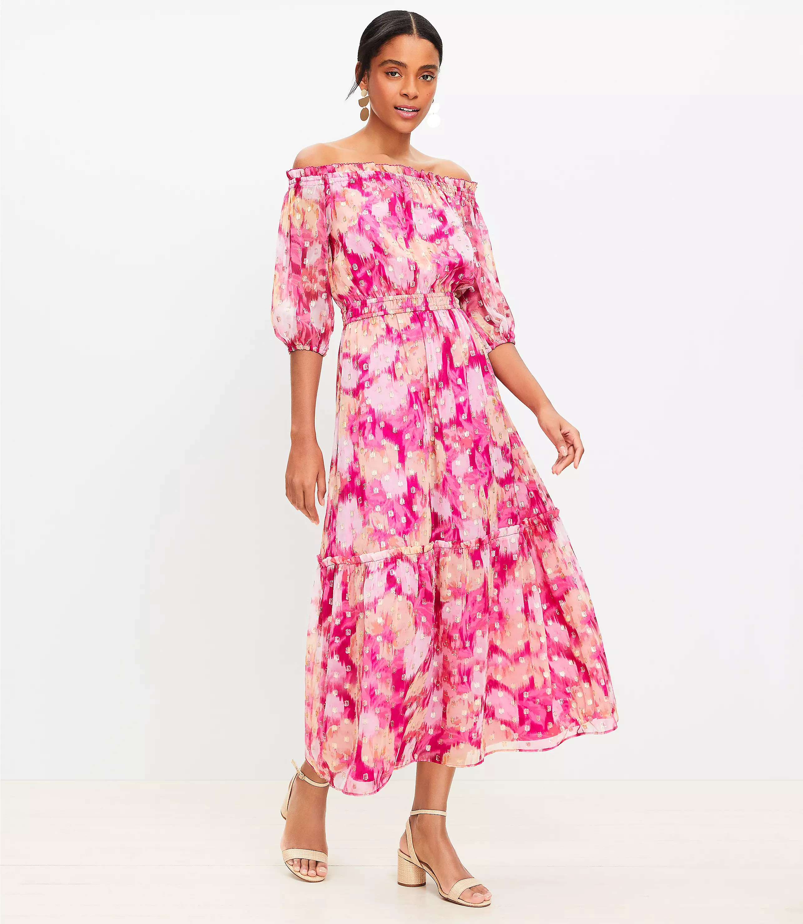 Floral Ikat Clip Balloon Sleeve Off The Shoulder Midi Dress | LOFT