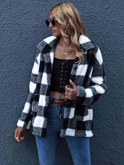 Button Front Gingham Teddy Coat | SHEIN