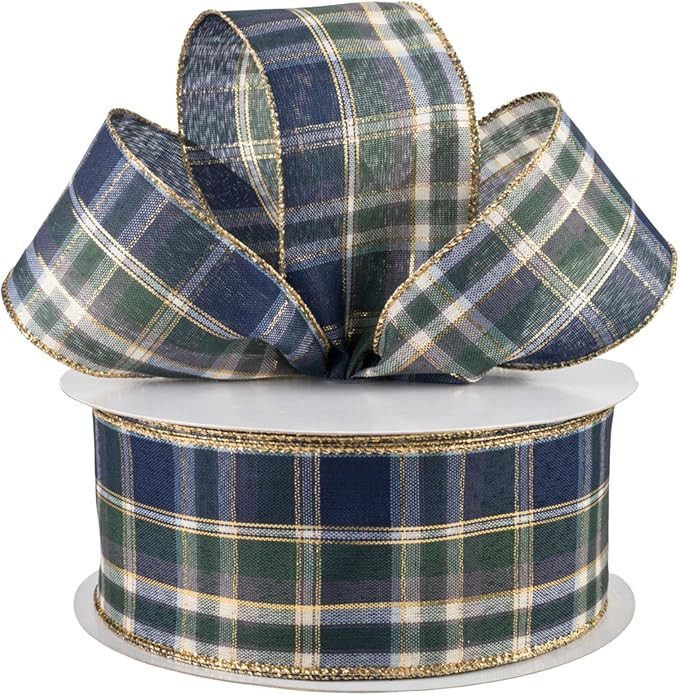 Blue and Green Plaid Metallic Fabric 2.5" Wired Ribbon, Christmas Plaid Ribbon, Wired Edge Ribbon... | Amazon (US)