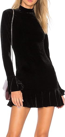 R.Vivimos Women's Winter Long Sleeve Velvet Ruffles Bodycon Mini Dress | Amazon (US)
