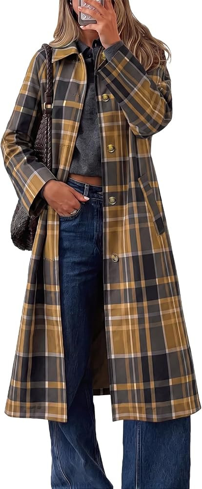 Cicy Bell Womens Plaid Trench Coat Fall Lapel Single Breasted Long Jacket | Amazon (US)