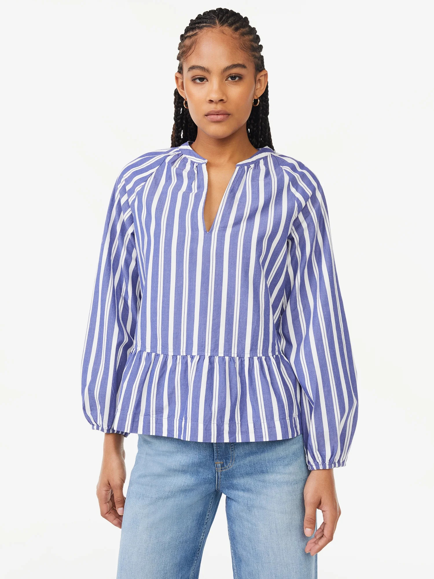 Free Assembly Women's V-Neck Peplum Top with Long Sleeves | Walmart (US)
