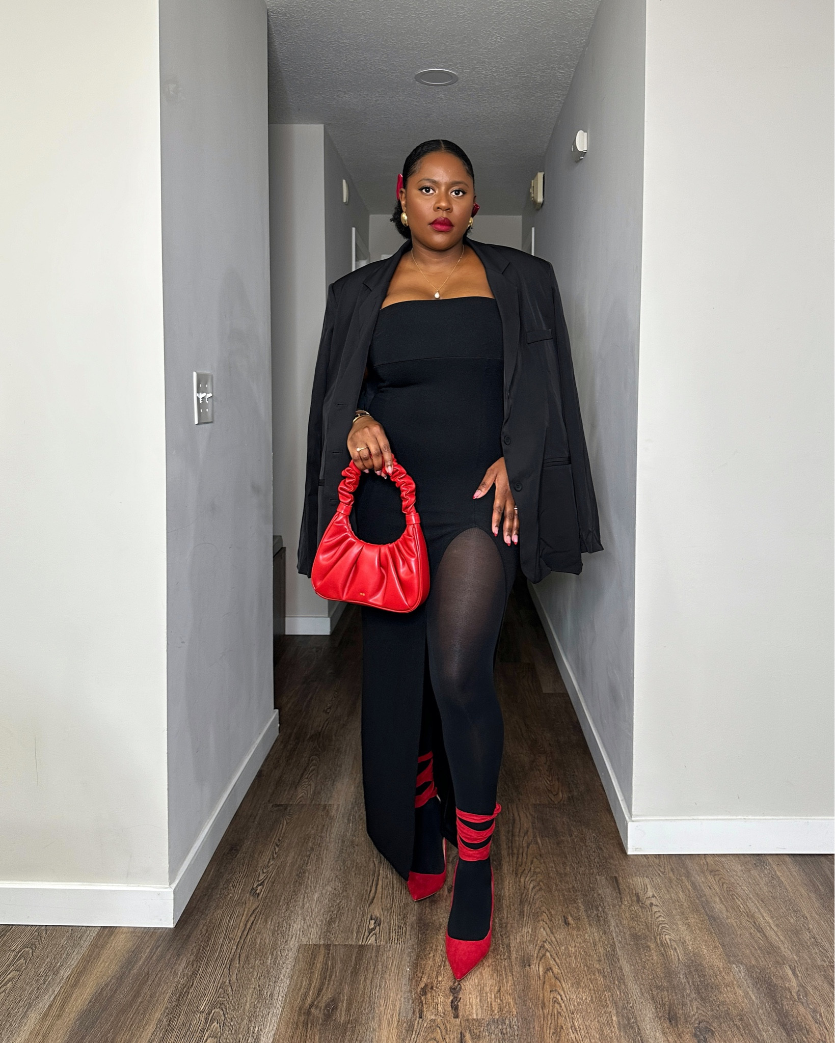 Black and a pop of red will always look stunning, classy, elevated and put together when done right. This looks is perfect for Christmas Dinner Party, Office Holiday Party, New Year's Eve Party, New Year Day Dinner Party and even date night. It is so versatile and chic that you can wear it in any holiday party.

#LTKstyletip #LTKfindsunder50 #LTKHoliday