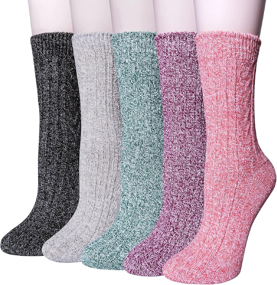 YSense 5 Pairs Womens Wool Socks Thick Knit Warm Winter Socks Cozy Comfy Socks Gifts for Women | Amazon (US)
