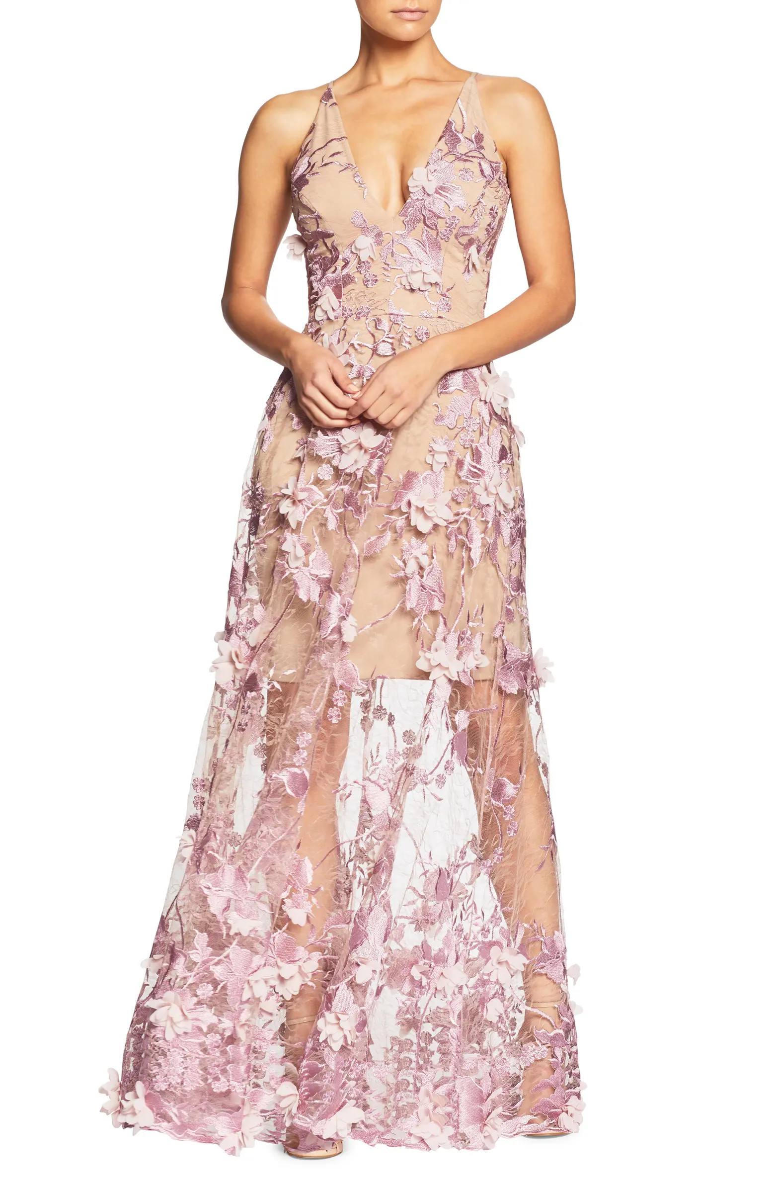 Sidney Deep V-Neck 3D Lace Gown | Nordstrom