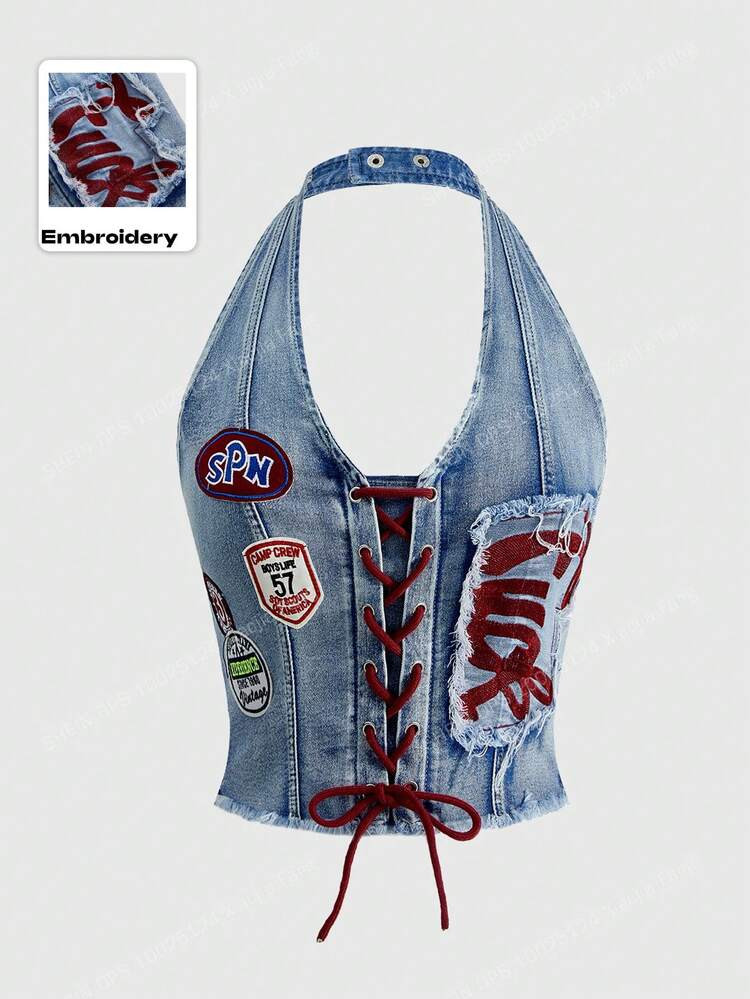 ROMWE Avant Plus Size Women Y2K Retro Jersey Sports Ballet Style Graphic Logo Embroidered Tie-Up Low Waist Sexy Denim Crop Top | SHEIN