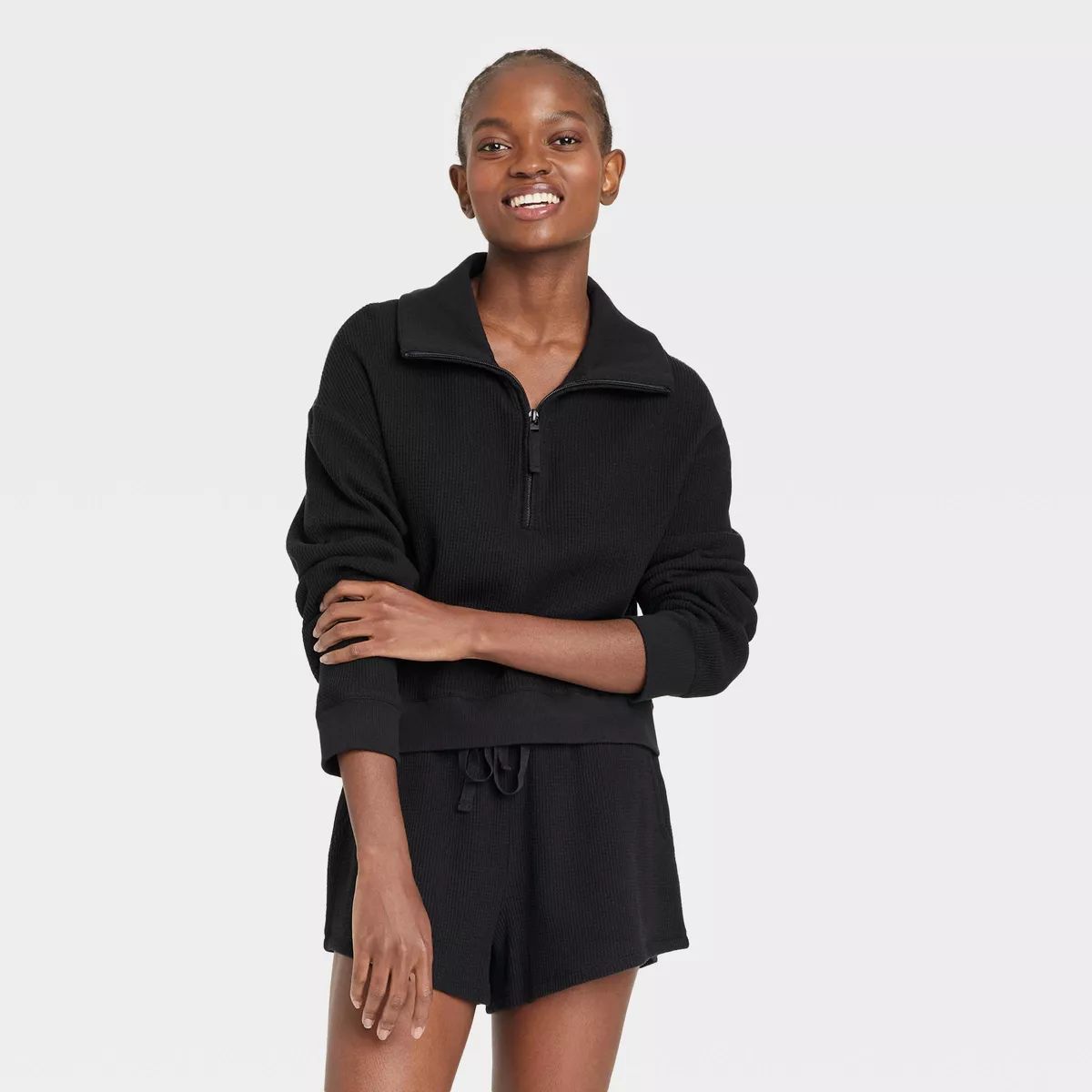 Women's Waffle Quarter Zip Sweatshirt - Stars Above™ Black XL | Target