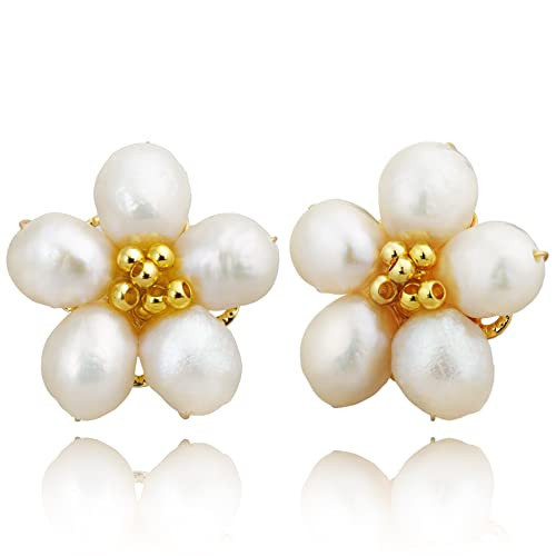 Baroque Pearl Stud Earrings for Women, Handmade Flower Pearl Stud Earings 14K Gold Plated 925 Sterling Silver Post (White) | Amazon (US)