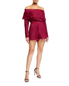 Metallic Pleated Off-the-Shoulder Romper | Lastcall