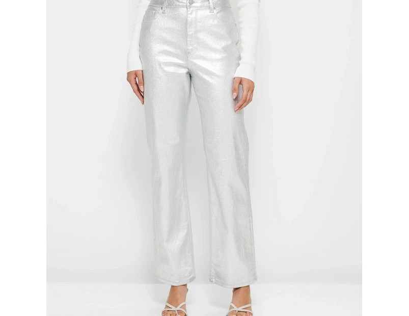 High Rise Straight Leg Coated Jeans - Lily Loves - Silver | Catch.com.au