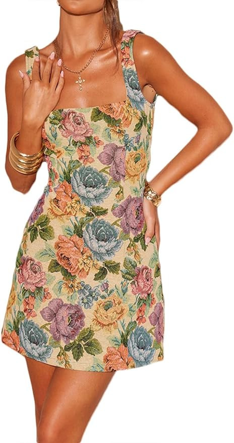 Women's Floral Jacquard Dresses Adjustable Strap Sundress A-Line Tank Mini Dress | Amazon (US)