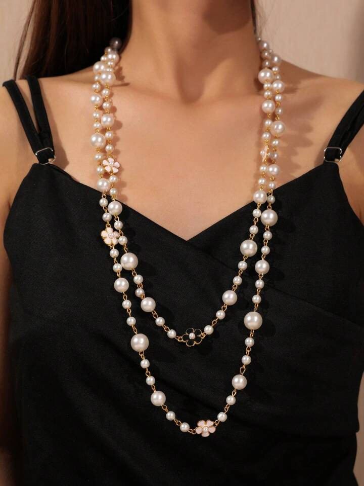 1pc Double-Layered Beaded Flower Necklace For Women, Party Or Banquet Accessory With A Noble Eleg... | SHEIN