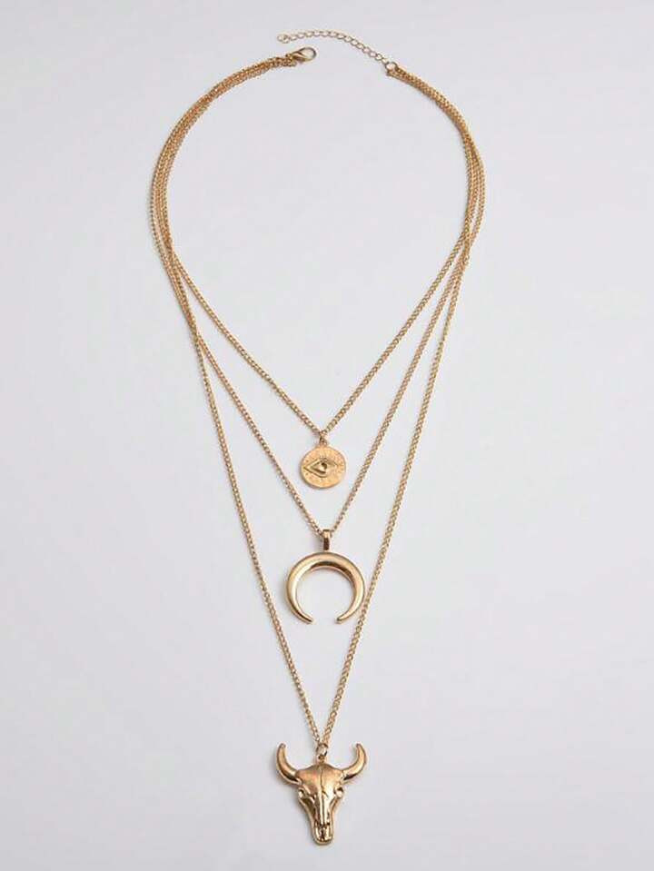 1pc Vintage Western Style 3-layer Alloy Eye Pendant With Alloy Bull Head, Crescent And Horns For ... | SHEIN