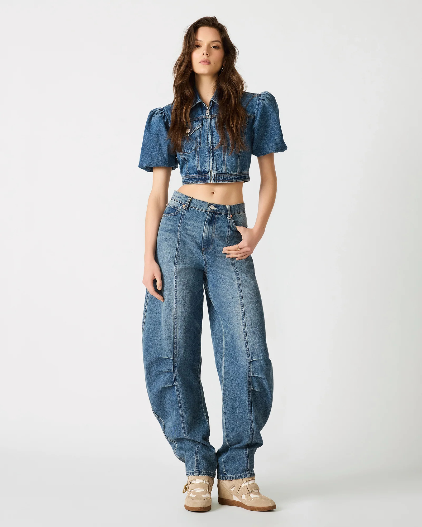 AUSTIN Blue Heather Barrel Horseshoe High-Rise Denim Women's Jeans | Steve Madden (US)