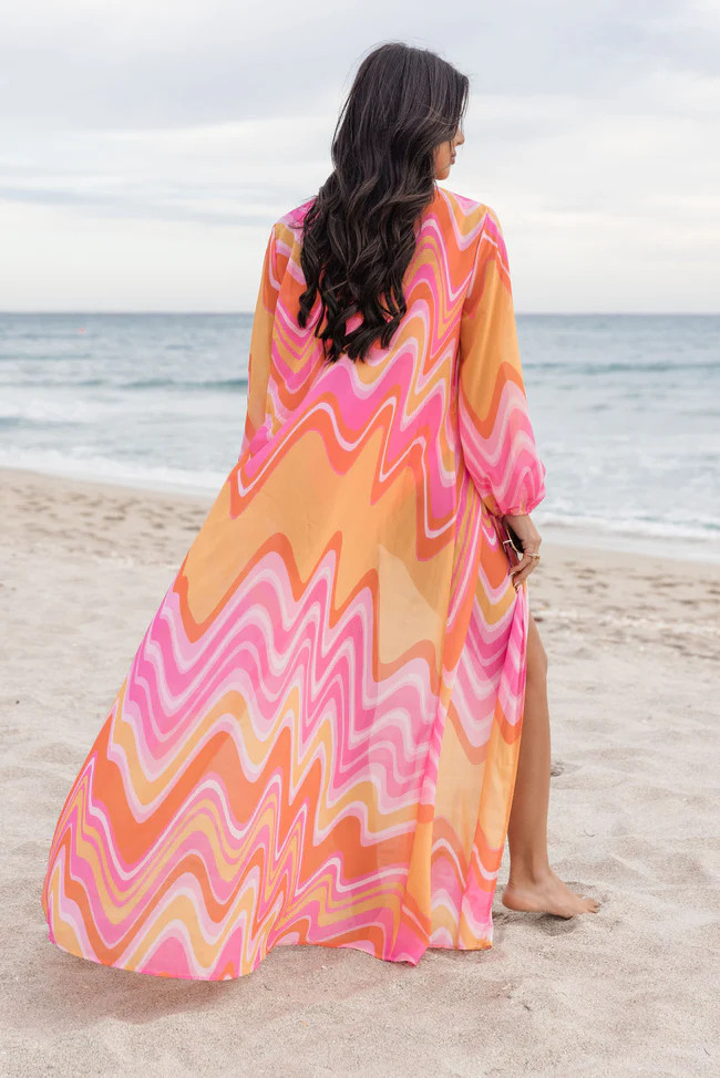 Eyes On Paradise in Serenity Swirl Pink and Orange Swirl Belted Kimono Cover Up | Pink Lily