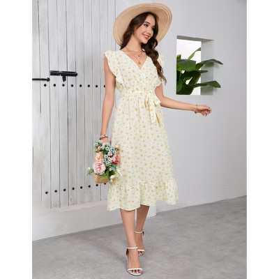 Women's Floral Dress Cross Neck Flying Sleeve Ruffle Midi Dress With Belt Yellow M | Target