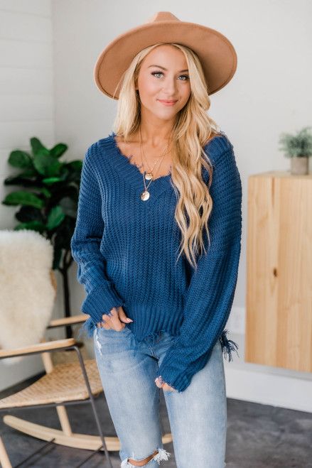 Commitment To Cool Blue Distressed Sweater | The Pink Lily Boutique