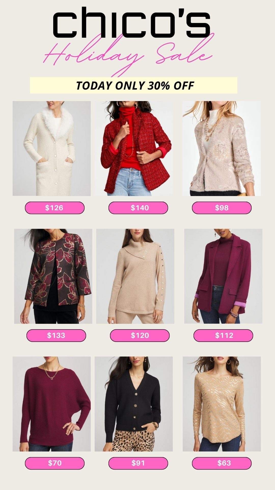 ✨ Chico’s Holiday Sale Alert ✨
Today only get 30% OFF cozy cardigans, luxe knits, and statement jackets perfect for the season. From chic neutrals to festive reds, elevate your winter wardrobe before the sale ends! 
[chicos sale finds ltk chic winter outfits holiday style cozy layers sweaters blazers cardigans]

#LTKOver40 #LTKSaleAlert #LTKGiftGuide