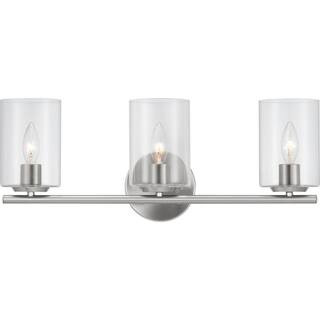 Hampton Bay Champlain 22.375 in. 3-Light Brushed Nickel Modern Bathroom Vanity Light with Clear G... | The Home Depot